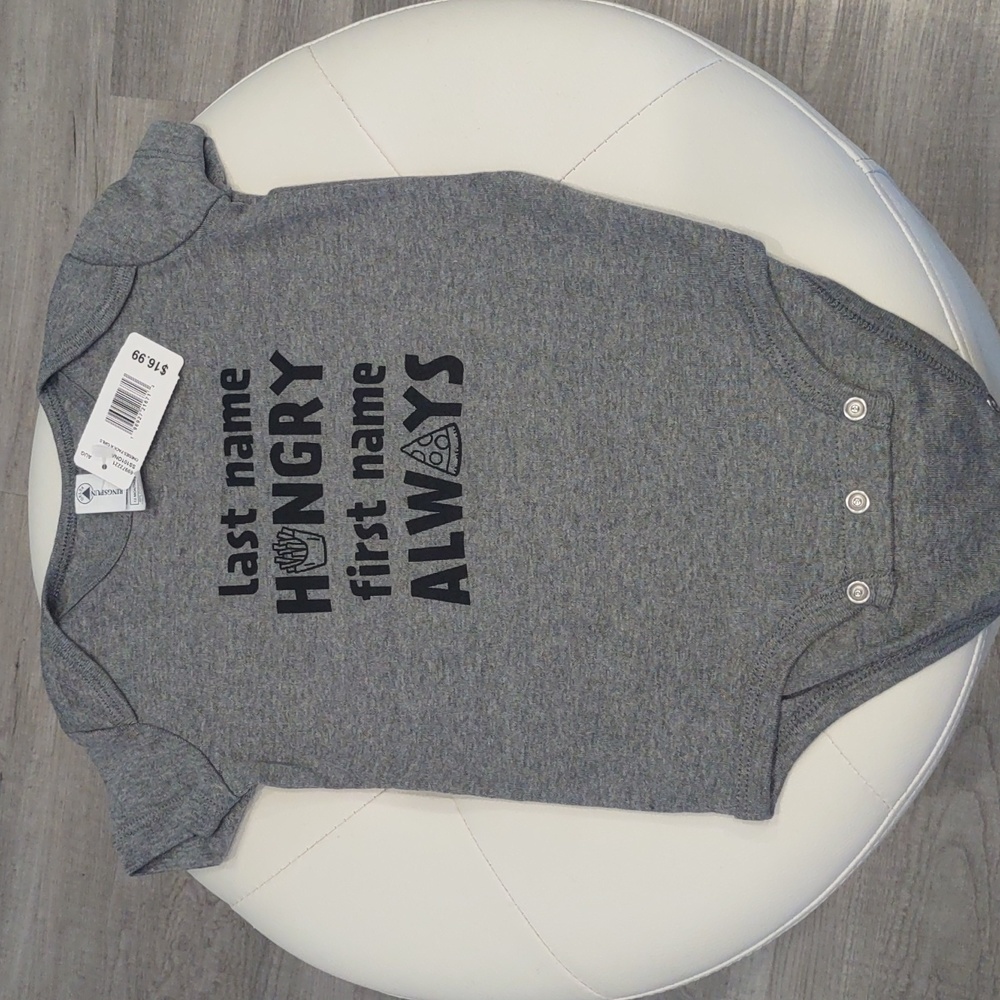 Last name Hangry Hungry first name Always gray black baby one piece 12 M Onesie